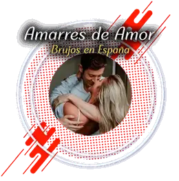 Ilustración circular de una pareja abrazándose con el texto Amarres de amor